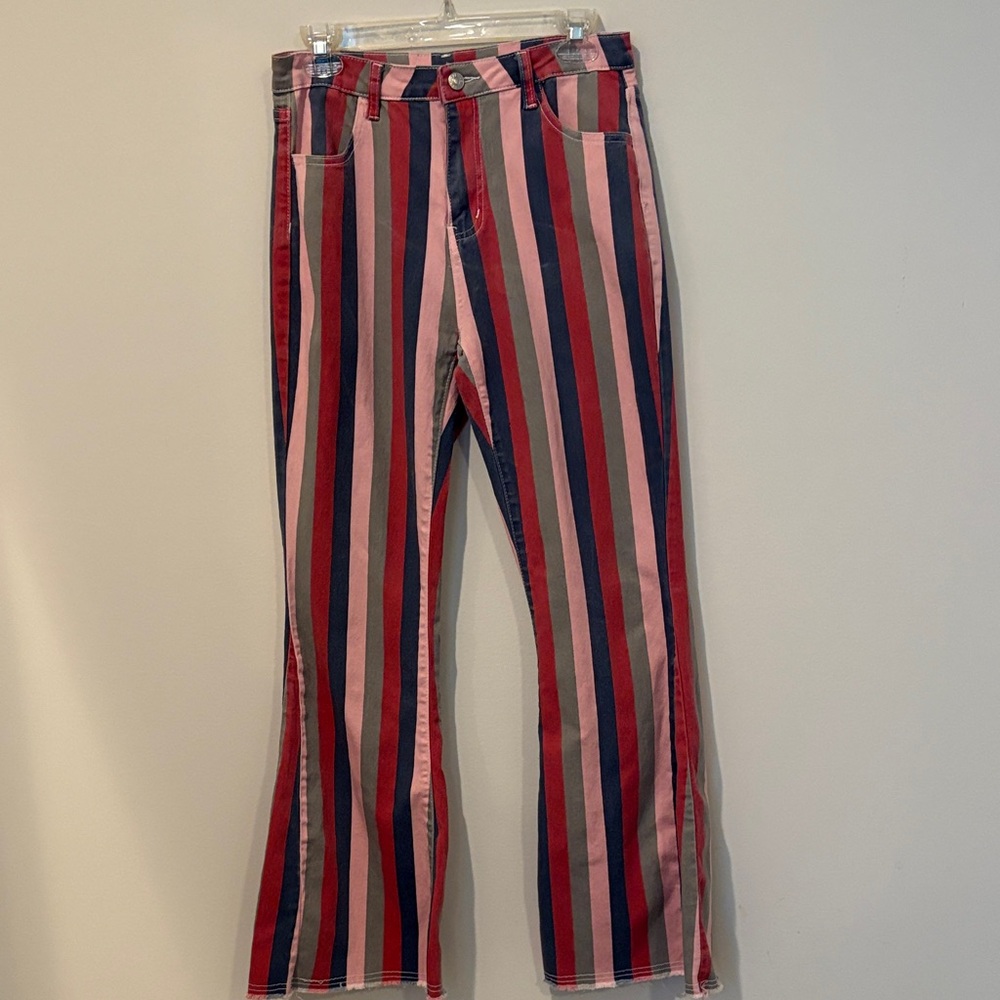 Striped Multicolor Women's Flare Jeans with Raw Hem